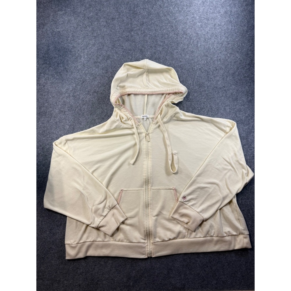 Kensie Womens 3X Cream Full Zip Hoodie Pink Contrast Stitching Embroidered Cuff